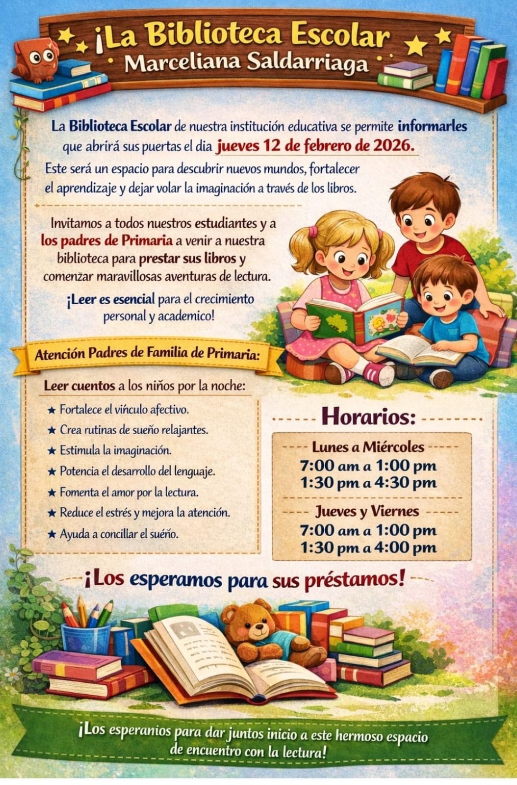 Con gran alegría informamos a toda nuestra comunidad educativa que a partir del 12 de febrero la biblioteca institucional estará nuevamente abierta para todos nuestros estudiantes